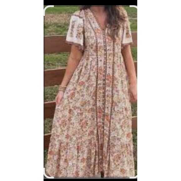 In Loom Boho Floral Midi Dress Cottage Core Dress Prarie Soho Beige Multi Sz S - Picture 7 of 12